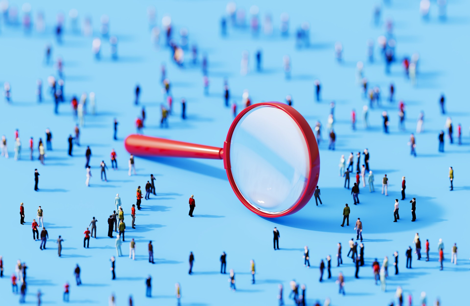 Human Crowd Surrounding A Magnifier Object On Blue Background